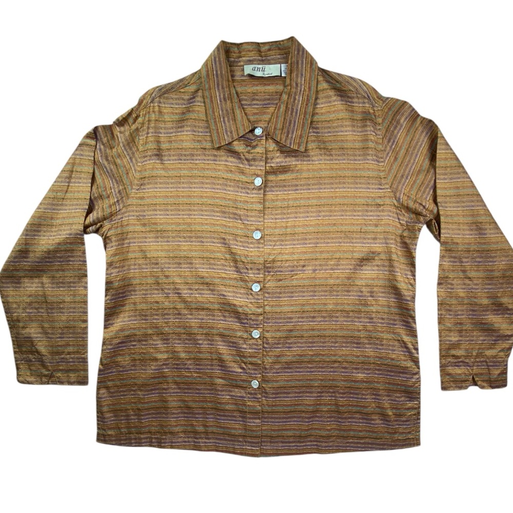Anu Silk Button Up Shirt Womens XL Blouse Gold Orange Metallic Long Sleeve
